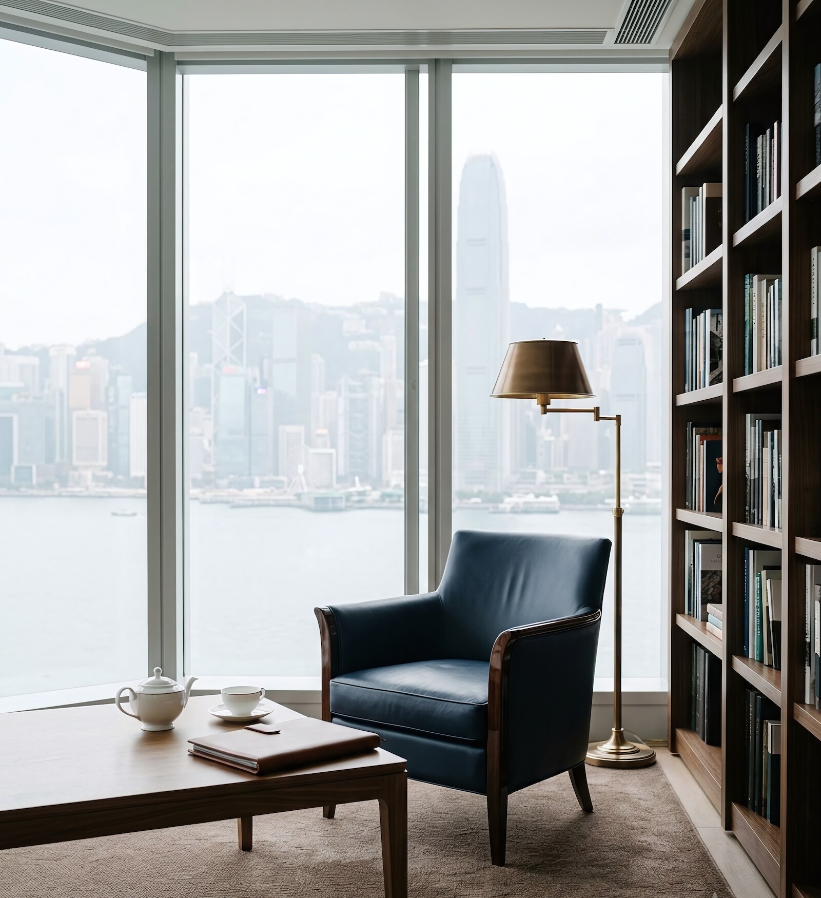 EverGlory Trust private consultation lounge with a leather armchair, bookshelves and a Victoria Harbour view