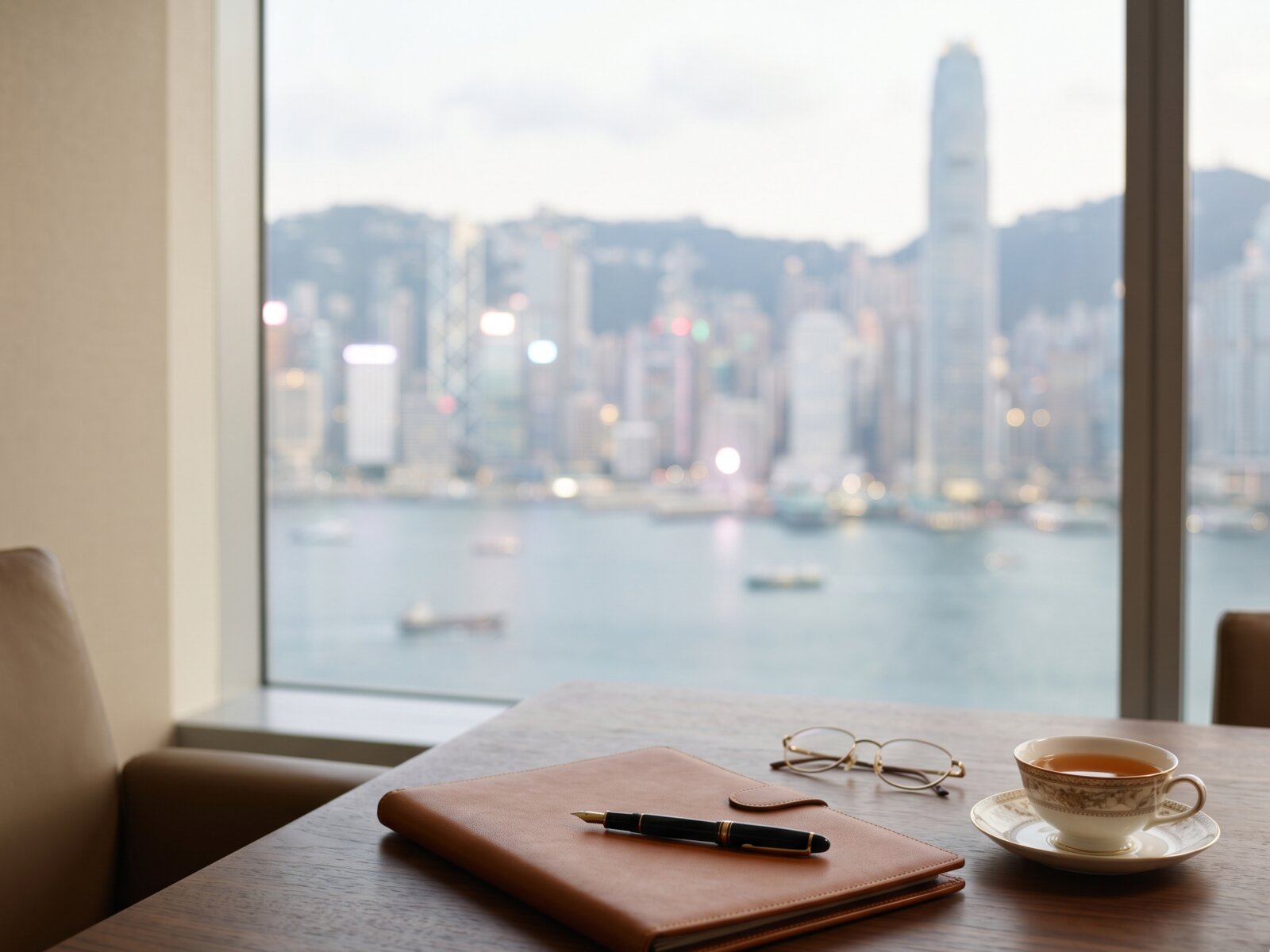 EverGlory Trust Central office: a trustee's desk overlooking Victoria Harbour